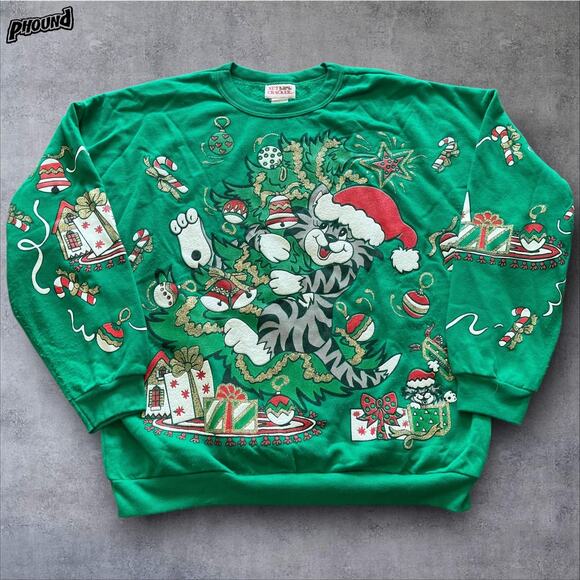 Vintage Nutcracker Christmas Sweater Mens Large Cat Tree Santa Pullover 90s - Picture 1 of 14